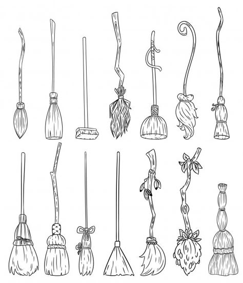 Set of cute broomstick doodles Premium V... | Premium Vector #Freepik #vector #vintage #party #halloween #house Flying Witch Drawing, Witch Broomstick Drawing, Broomstick Tattoo Design, Witches House Drawing, Harry Potter Broom Drawing, Witch Broomstick Tattoo, Witch Doodles Easy, Witches Broom Drawing, Witches Tattoo Ideas