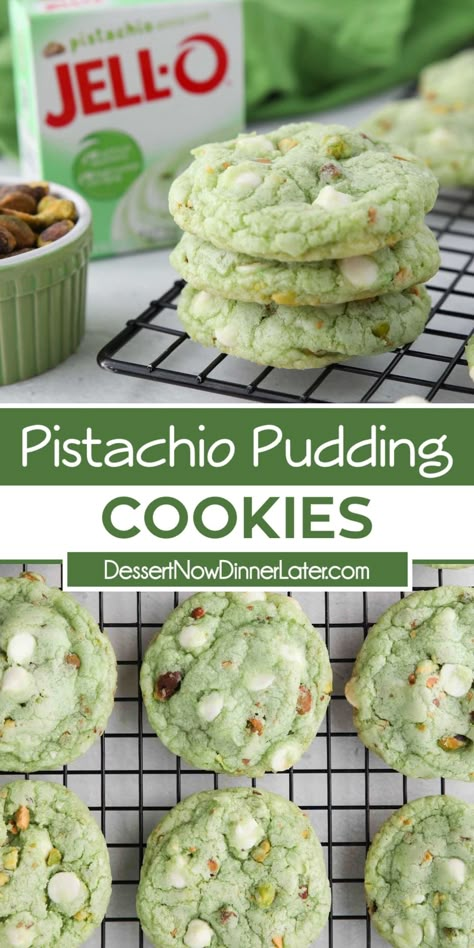 Pistachio Pudding Cookies are easy to make and taste great. This recipe uses instant pistachio pudding mix to make soft, flavorful cookies loaded with additional pistachios and white chocolate chips. Add a little green food coloring to make them pop for St. Patrick's Day or Christmas. Pistachio Pudding Cookies, Green Cookies, Flavored Cookies, Homemade Cookie Dough, Pistachio Recipes, Homemade Cookie, Pistachio Cookies, Pistachio Pudding, Pudding Cookies