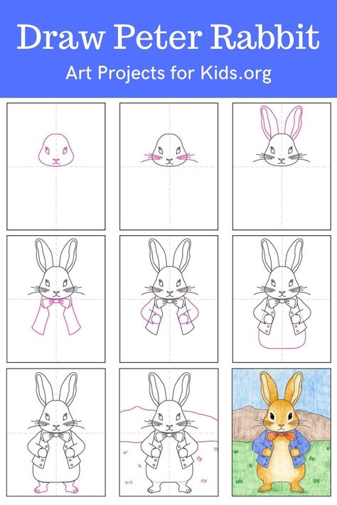 Learn how to draw Peter Rabbit with an easy step-by-step PDF tutorial.    #howtodraw #tutorial #drawing #drawingtutorial #arttutorial #artprojectsforkids #howtodrawforkids #peterrabbit #rabbitdrawing Beatrix Potter Drawings Easy, How To Draw Peter Rabbit, Peter Rabbit Art Projects For Kids, Easy How To Draw Step By Step, Watercolor Creatures, How To Draw Rabbit, Collaborative Mural, Drawing Ideas For Kids, Montessori Art