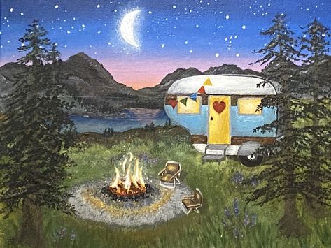 Camper Painting Canvas, Camper Painting, Painting Therapy, Gum Trees, Christmas Town, Camping Art, Painting Canvas, Art Lessons, Gum