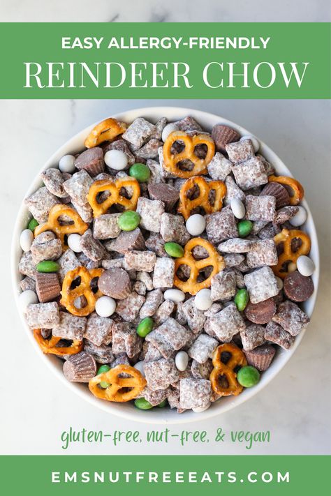 A play on puppy chow (also called muddy buddies), reindeer chow is made with a base of chocolate-covered chex cereal with some festive snacks thrown in! This recipe is gluten-free, nut-free and vegan! You can use any mix-ins you like, but I love using gluten-free pretzels and allergy-friendly chocolate candies. Reindeer Mix Recipe, Vegan Chex Mix Recipe, Gluten Free Puppy Chow, Chex Mix Recipes Christmas, Reindeer Snack, Reindeer Chow Recipe, Allergy Free Snacks, Christmas Snack Mix, Chocolate Sunflower