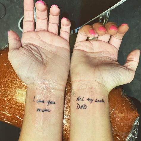 Mum And Dad Tattoos, Infinity Couple Tattoos, Mom Dad Tattoo Designs, Handwriting Tattoos, Small Wave Tattoo, Mum Tattoo, Cream Tattoo, Mom Daughter Tattoos, Tiny Wrist Tattoos