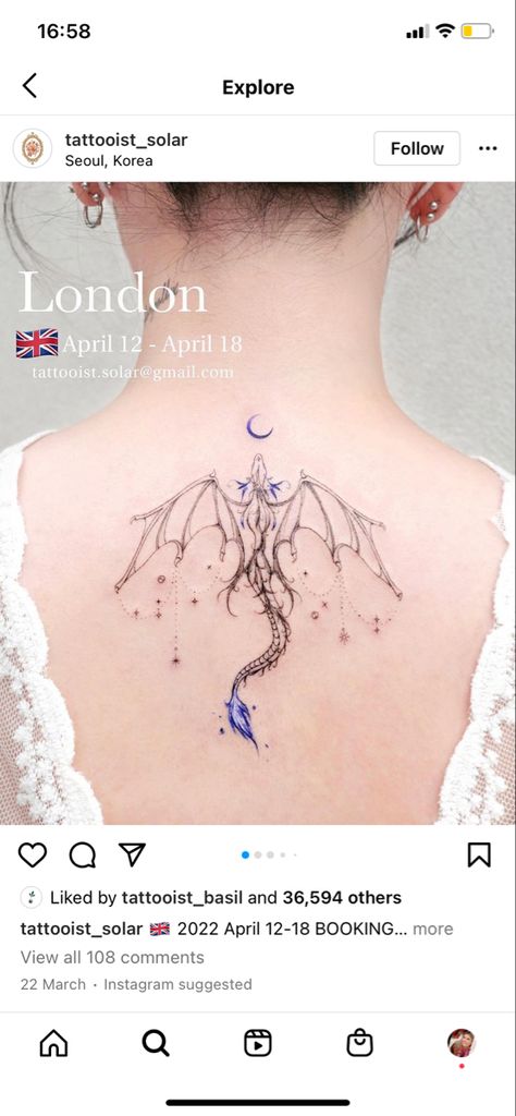 Pretty Dragon Tattoo, Dragon Tattoo With Flowers, Dragon Tattoo Simple, Watercolor Dragon Tattoo, Pretty Dragon, Moon Star Tattoo, Autumn Tattoo, Flying Tattoo, Rock Tattoo