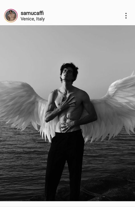 Male With Wings, Male Angel Photoshoot, Male Angel Aesthetic, Male With Wings Art, Angelic Male Model, Photoshoot With Angel Wings, Male Angel, Angel Photography, Couple Poses Reference