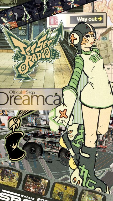 ugh i love her #jetsetradio #gumjsr Bomb Rush Cyberfunk Aesthetic, Jet Set Radio Wallpaper, Jetset Radio, Radio Icon, Jet Set Radio, Y2k Art, Collage Background, Retro Futuristic, Car Posters