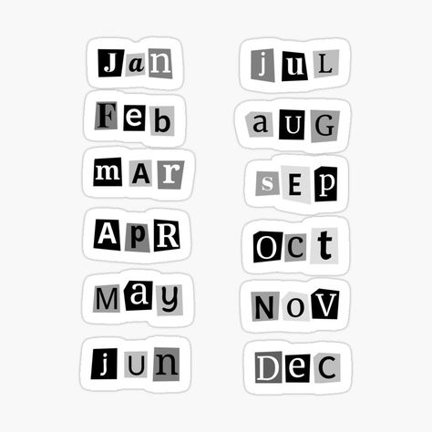 "grey-scale shortened month magazine cut-out pack" Sticker for Sale by Words-Artist Months Stickers Printable, Months Stickers, Month Printable, Funny Women Quotes, Grey Scale, Adulting Quotes, Black And White Stickers, Month Stickers, Scrapbook Stickers Printable