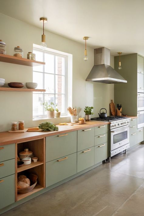 A rustic kitchen with sage green cabinets and a warm wooden worktop. Sage Green Kitchen Ideas, Sage Green Kitchens, Wooden Countertops Kitchen, Green Kitchen Ideas, Green Kitchens, Inviting Kitchen, Wooden Countertops, Sage Green Kitchen, Sage Green Color