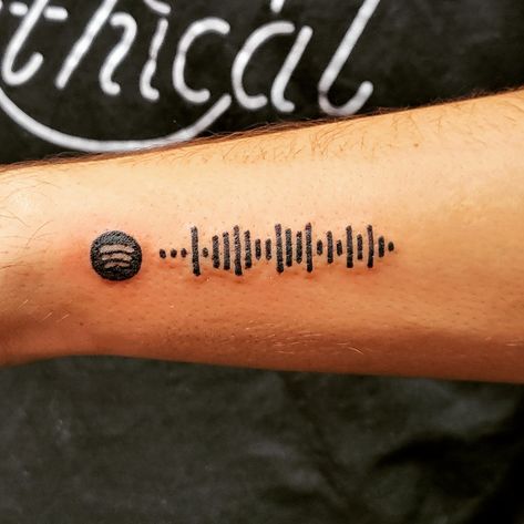 Scannable Spotify Code Tattoo Spotify Sound Wave Tattoo, Spotify Code Tattoo Ideas, Song Tattoos Ideas Spotify, Rnb Music Tattoo, Voice Message Tattoo, Spotify Song Tattoo, Spotify Qr Code Tattoo, Spotify Barcode Tattoo, Scannable Tattoo