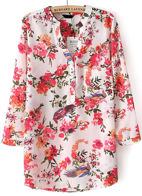 White V Neck Floral Pockets Blouse 14.33 Top Designs For Women, Cotton Short Tops, Three Quarter Sleeve Shirt, Chiffon Tops Blouses, Flower Print Blouse, Pink Floral Blouse, Pocket Blouse, Women Blouses Fashion, Loose Fit Blouse