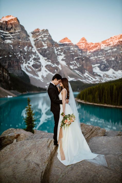 Elopement Banff, Moraine Lake Wedding, Lake Wedding Photos, Lake Elopement, Banff Wedding, Rocky Mountain Wedding, Moraine Lake, Mountain Bride, Lodge Wedding