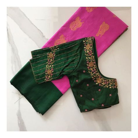 New Work Blouse Designs, Green Blouse Embroidery Designs, Green Silk Blouse Designs, Blouse Aari Work Design, Simple Maggam Work Blouses, Embroidery Design Blouse, Silk Saree Blouse Design, Work Blouse Designs, Silk Saree Blouse Designs Patterns