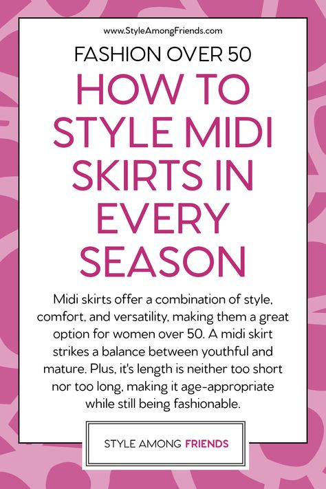 Midi skirts are definitely trending this fall! Head over to our blog for a guide on styling midi skirts specifically for women aged 50 and above. We’ll explore various ways to incorporate a midi skirt into your wardrobe throughout the entire year—autumn, winter, spring, and summer. Additionally, we’ll provide advice on how to dress your look up for a night out or keep it relaxed and casual. #midiskirts #fashionover50 #midiskirtsforfall #petitemidiskirts Skirts For Women Over 50, Styling Midi Skirts, Midi Skirt Outfit Fall, Winter Midi Skirt Outfit, Style A Midi Skirt, Winter Midi Skirt, Midi Skirt Outfit Ideas, Chiffon Midi Skirt, Summer Workout Outfits