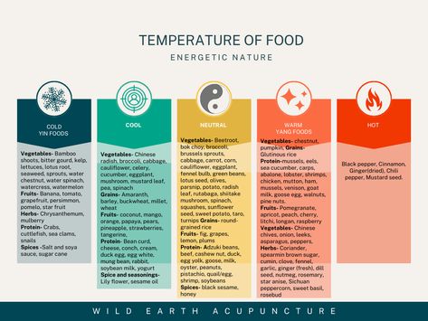 Food By Temperature: Chinese Medicine Diet Recommendations — Wild Earth Acupuncture - Portland, Oregon Chinese Medicine Food, Yin Yang Food, Cooling Foods Chinese Medicine, Dampness Chinese Medicine Diet, Warming Foods Chinese Medicine, Tcm Earth Element, Tcm Dampness, Nutrient Food, Cooling Foods