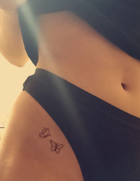 Butterfly Tattoo On The Hip, Butterfly Tattoo Waist Line, Hidden Tattoos Butterfly, Butterfly Tattoo Pelvis, Small Butterfly Tattoo Hip, Two Simple Butterfly Tattoo, Two Tiny Butterfly Tattoo, Butterfly Pelvis Tattoo, Small Butterfly Tattoo On Waist