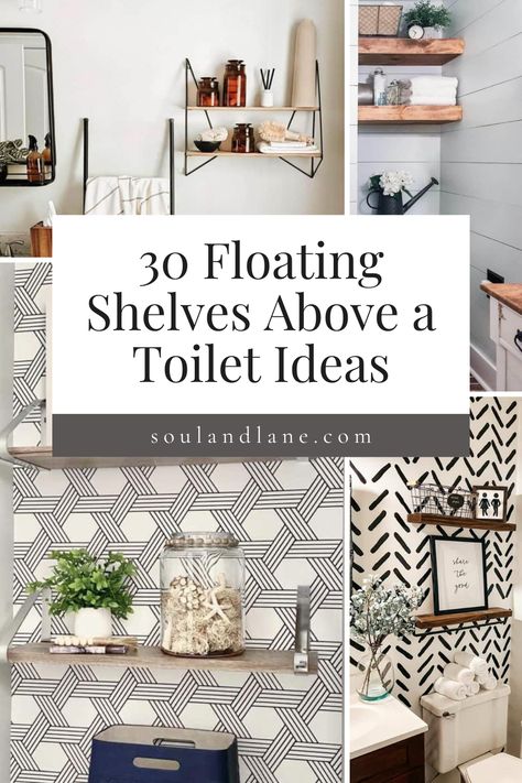 Maximize the vertical space in your bathroom with stylish and functional floating shelves above the toilet. These sleek storage solutions not only provide a perfect spot for essentials and decorative items but also add a touch of elegance to your bathroom decor. Explore various ways to style floating shelves, from arranging neatly folded towels and baskets for toiletries to displaying plants and art for a more personalized touch. Learn how to choose materials and finishes that complement your ba Powder Room With Floating Shelves, Shelf Above Toilet Ideas, Functional Bathroom Shelves, Floating Bathroom Shelves Decor, Built In Wall Shelves Bathroom, Basket Shelves In Bathroom, Decorating Above The Toilet, Above Toilet Shelves Decor, Above Toilet Wall Decor