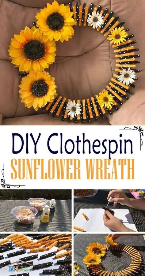 How Sunflower Clothespin Wreath, Clothespin Wreaths, Sunflower Tutorial, Sunflower Wreath Diy, How To Make Sunflower, Clothespin Diy Crafts, Clothespins Diy, Wooden Clothespin Crafts, Summer Farmhouse Decor