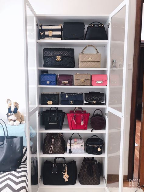 Bag Wardrobe Design, Ideas To Organize Purses, Organization Ideas For Purses, Bags Closet Organization, Cabinet For Bags Shelves, Bags Organization Closet Small Spaces, How To Store Purses Ideas, Purse Organization Ideas Bedroom, Display Purses In Closet