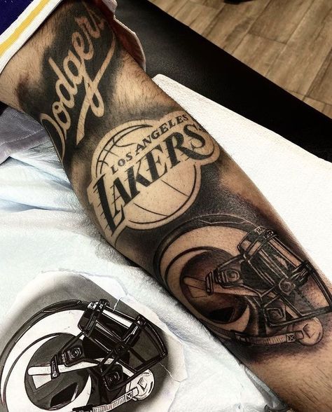 Dodgers Tattoo Men, Rams Tattoo, Cali Tattoo Ideas, Los Angeles Tattoo Ideas, Lakers Tattoo, Dodgers Tattoo, Jesus Hand Tattoo, Cali Tattoo, Statue Of Liberty Tattoo