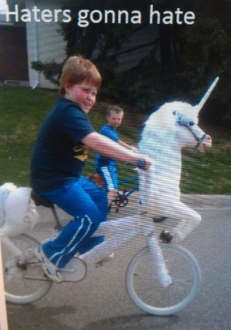 A unicorn bike ... "Haters gonna hate!" Be yourself. Unicorn Bike, Thursday Humor, They See Me Rollin, Nyan Cat, Haters Gonna Hate, Get Happy, Kids Ride On, E Card, Hetalia