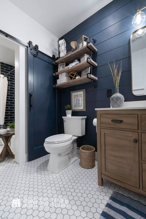 Navy Blue Bathroom Decor, Dark Blue Bathrooms, Navy Blue Bathrooms, Navy Bathroom, Shiplap Bathroom, Blue Bathroom Decor, Barn Decor, Boys Bathroom, Downstairs Bathroom