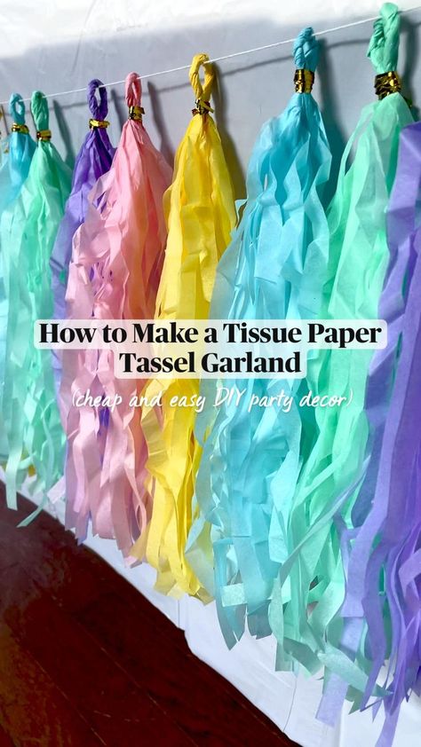 Easy Rainbow Backdrop, Easy Decorations Party, Diy Easy Party Decorations, How To Hang Streamers, How To Decorate With Streamers, Birthday Streamer Ideas, Tissue Paper Tassel Garland Diy, Tassel Backdrop, Tissue Paper Garland