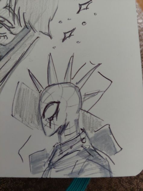 Cool Easy Sketches Pencil, Simple Drawing Character, Hobie Spiderman Drawing, Spider Punk And Spider Noir, Spider Punk Drawing Sketch, Spider Punk Doodle, Spider Man Simple Drawing, Easy Spider Man Drawings, Spiderpunk Sketch