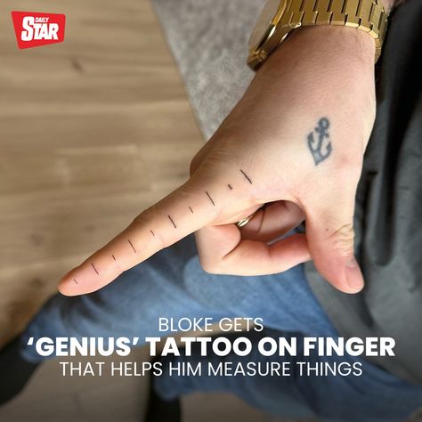 A man has found a "handy" way to help measure things using just his finger – a tattoo of a ruler. Steffen Karlsen, 31, asked his partner Julie Strmsnes, 35, to design the quirky inking on his right index finger. After a little persuasion, tattoo artist Julie inked the design onto his finger. She created it by drawing 10 lines 1cm apart from each other. Steffen admits he "loves" his tattoo, and it's since been branded "genius" by some social media users. He's more than happy that he can mak... Ruler Tattoo Finger, Persuasion Tattoo, Funny Finger Tattoos, Ruler Tattoo, Funny Fingers, His Tattoo, Index Finger, Daily Star, Finger Tattoos