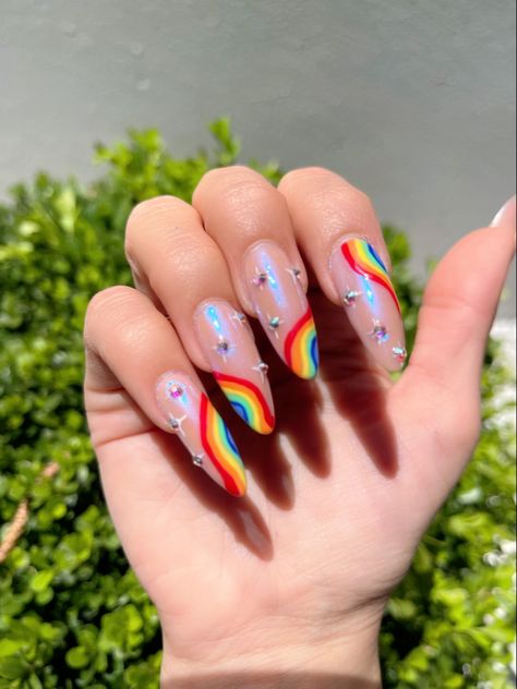 Lgbtq Pride Nails, Subtle Pride Nails Pan, Pride Nails Square, Gay Pride Nail Art, Pride Nails Ideas, Rainbow Nails With Rhinestones, Pastel Pride Nails, Pride Themed Nails, Pride Nails 2024