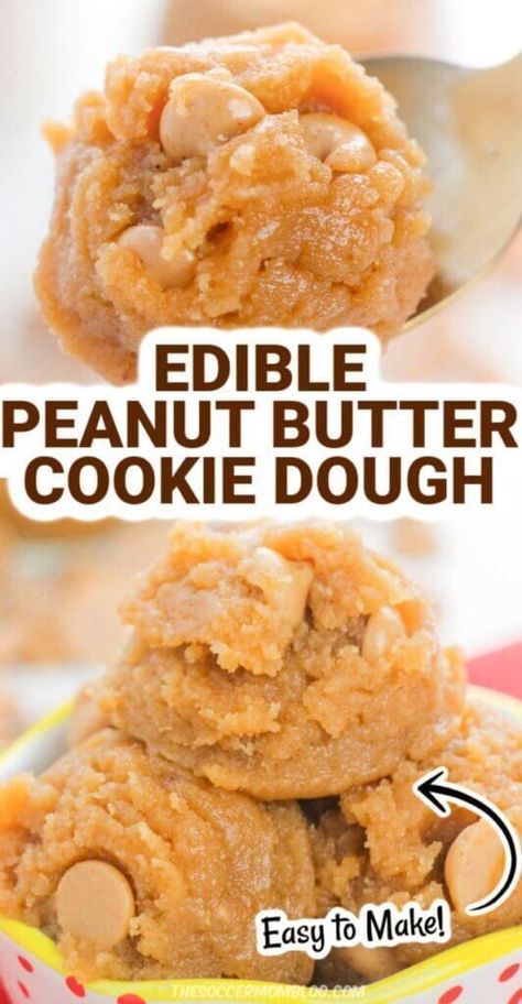 Learn how to make this delicious edible peanut butter cookie dough from the Soccer Mom Blog! This dessert recipe is so easy to make and amazing. It is a delicious treat for cookie dough-lovers and it is safe! Try making your own edible cookie dough this summer. Dessert Recipes With Butter, Peanut Butter Cookie Dough Edible, Edible Peanut Butter Cookie Dough Recipe, Cookie Batter Recipe, Peanut Butter Cookie Dough Recipe, Safe To Eat Cookie Dough, Edible Peanut Butter Cookie Dough, Peanut Butter Cookie Dough Dip, Edible Dough