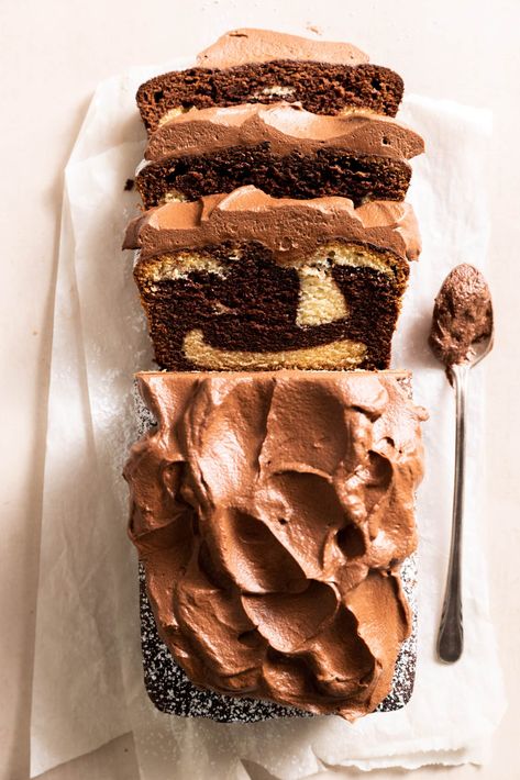 Chocolate and vanilla cake, marbled together and topped with a rich chocolate frosting - this Marble Loaf Cake is the perfect weeknight bake! Red Currant Bakery, Marble Loaf Cake, Marble Loaf, Whipped Chocolate Ganache, Baking Lessons, Chocolate And Vanilla Cake, Chocolate Ganache Frosting, Ganache Frosting, Black Forest Cake