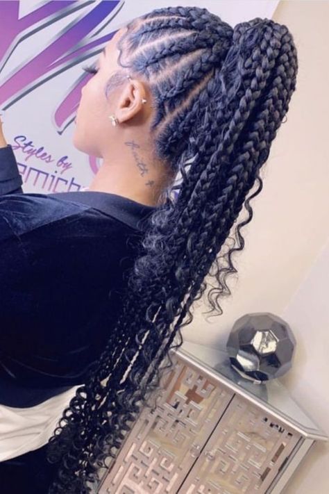 17 Stunning Braids With Curly Hair You Must Try In 2023 Braided Boho Ponytail For Black Women, Braids Feed In, Ponytail Braids Black Women, Braided Goddess Ponytail, Pretty Braided Ponytails, Ponytail Braid Hairstyles For Black Women, Feed In Ponytail With Curly Hair, Braided Up Ponytail Black Women, Feed In Braid Ponytail