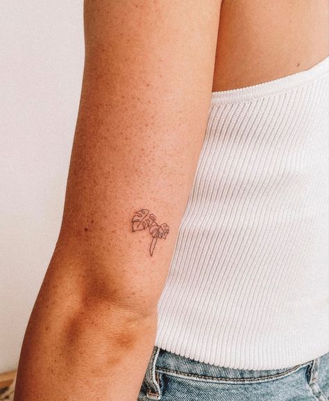 Mini Monstera Plant Tattoo, Small Monstera Leaf Tattoo, Womens Small Shoulder Tattoo, Dainty Monstera Tattoo, One Line Ladybug Tattoo, Montesera Plant Tattoo, Tiny Monstera Tattoo, Monstera Line Tattoo, Mini Monstera Tattoo