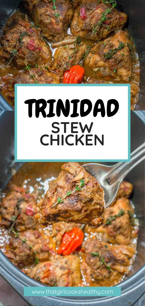 Trinidad-style Stew Chicken being spooned out of the cooking dish. Trinidad Stew Chicken Recipe, Trinidadian Recipes, Chicken Slow Cooker, Stewed Chicken, Stew Chicken, Trinidad Recipes, Trini Food, Jamaican Dishes, Stew Chicken Recipe