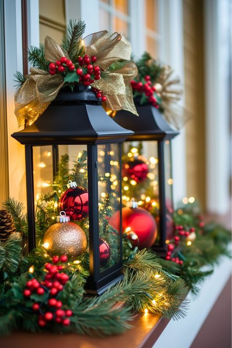 20 Outdoor Christmas Lantern Ideas to Transform Your Front Porch - H.M.G Decorating Christmas Lanterns Ideas, Christmas Latern Decorations, Front Door Lantern Decor, Decorated Lanterns For Christmas, Outdoor Christmas Lantern Ideas, Christmas Lanterns Decorated Ideas, Decorating Lanterns For Christmas, Big Lantern Decor Ideas, Lantern Christmas Decor Ideas