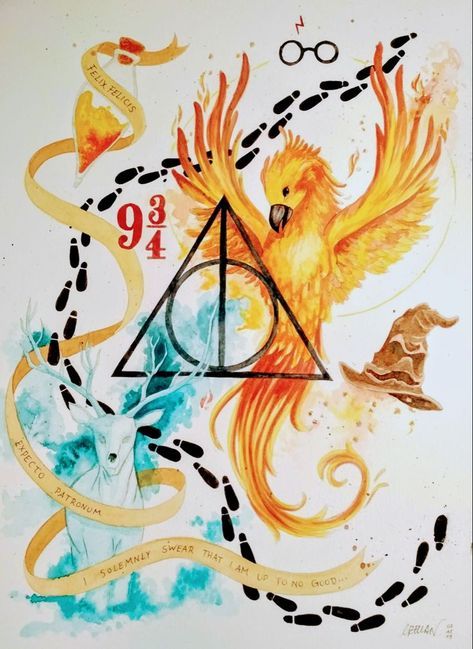 Harry Potter Zeichnung, Harry Potter Painting Ideas, Harry Potter Symbols Art, Harry Potter Mural, Painting Harry Potter, Harry Potter Collage, Harry Potter Tattoo Sleeve, Harry Potter Watercolor, Harry Potter Planner