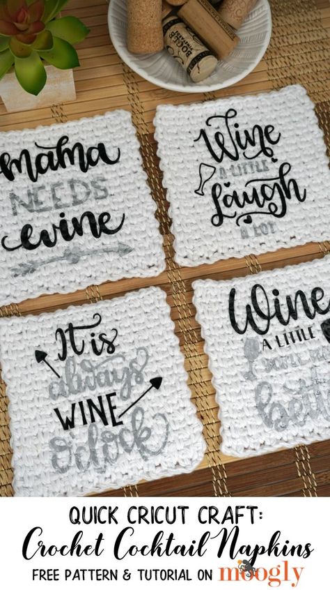 A bottle of wine or drinks themed basket is a classic gift - and you can make it even better by including these Crochet Cocktail Napkins, all dressed up with Cricut Iron-Ons - I'll show you how in this Quick Cricut Craft on Moogly! Cricut Crochet, Crochet Cocktail, Cricut Htv, Crochet Gift Ideas, Crochet Patterns Ideas, Crochet Hook Set, Crochet Fun, Crochet Kitchen, Wine Theme