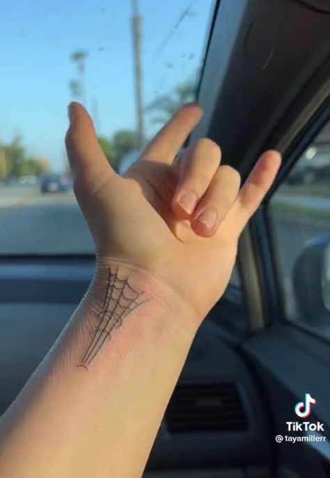 Spider Man Tattoo Aesthetic, Webshooter Tattoo, Spider Man Wrist Tattoo, Girly Spiderman Tattoo, Spiderman Web Shooter Tattoo, Minimalistic Spiderman Tattoo, Spiderman Tattoo Aesthetic, Cool Spiderman Tattoos, Spider Man Web Tattoo