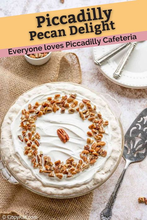 Piccadilly Pecan Delight Pie is a light, fluffy, and irresistible dessert! Get the easy copycat recipe to make the best pecan delight pie with a toasted pecan and Ritz cracker meringue crust and whipped cream filling. It’s dreamy, creamy, crunchy, and tasty too! Perfect for Thanksgiving, Christmas, or any holiday and special occasion. #pecanpierecipe #thanksgivingdessert #christmasdesserts #easypierecipes #copycat #copycatrecipes Piccadilly Pecan Delight Pie, Pecan Delight Pie Picadilly, Angel Pecan Pie Recipe, Pecan Fluff Pie, Ritz Cracker Pecan Pie, Ritz Cracker Pie Recipe, Pecan Delight Pie, Piccadilly Recipe, Ritz Cracker Pie