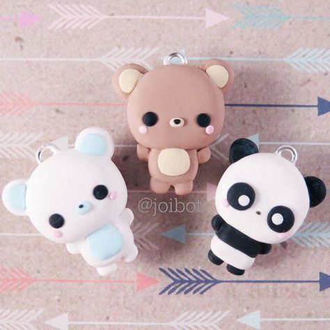 Three Little Bears - part of my new chibi animal line! These will be available during my next Etsy restock 🙂 #panda #bear #polarbear… Clay Animal Keychain, Clay Keychain Cute, Keychain Diy Clay, Clay Keychain Ideas, Polymer Clay Charms Kawaii, Kawaii Clay Charms, Polymer Clay Kunst, Fimo Kawaii, Crea Fimo