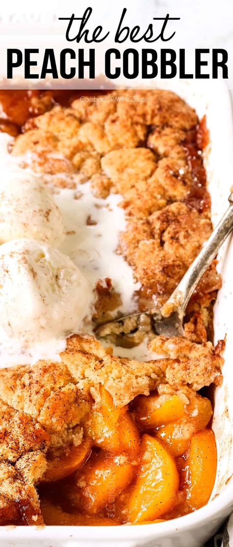 Soft and Crispy Homemade Peach Cobbler - Carlsbad Cravings Fruity Deserts, Pies Thanksgiving, Good Peach Cobbler Recipe, Limoncello Cake, Peach Cobbler Ingredients, Best Peach Cobbler, Homemade Peach Cobbler, Fresh Peach Cobbler, Easy Peach Cobbler Recipe