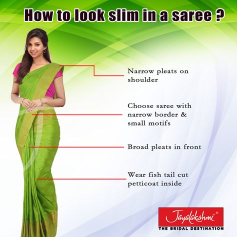 #ThursdayTips - How To Look Slim In a Saree!! There are some factors you should keep in mind while wearing a saree. Let us give you a low down on how to wear saree to look slim. Keep following our page for more #SareeTips. Have a look at our online collection of #Sarees at www.jayalakshmisilks.com #FashionTips #SareeDraping #FashionDiaries #SareeLovers #SareeCare #DesignerSarees #JayalakshmiSilks Saree For Short Height Women, How To Drape A Saree, Saree Wearing Tips, Slim Ideas, How To Wear A Sari, Saree Tips, Drape Sarees, Draping Styles, Saree Petticoat