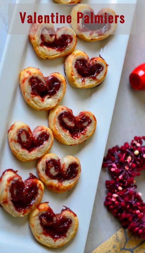 Palmiers are classic French cookies made with puff pastry. These ones called Valentine Palmier are filled with raspberry or strawberry jam and formed into a lovely heart shape. The puff pastry part has a lovely crunch and the berry jam complements the pastry with sweet and tart flavors. Steamed Shrimp Dumplings, Cooked Salad, Peach Coffee Cake, Strawberry Puff Pastry, Palmier Cookies, Peach Coffee, Momos Recipe, Salad Shrimp, Tart Flavors