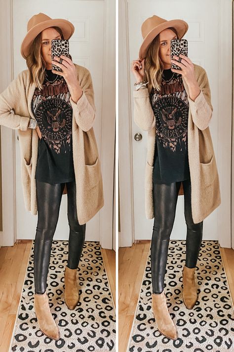 Casual Leather Leggings Outfit Fall, Cozy Fall Outfits For Work, Cute Faux Leather Legging Outfits, Black Cheetah Leggings Outfit, Fall Outfit With Leather Leggings, Vegas Outfits For Women Over 30, Hide Mid Section Outfits, Target Fall Boots 2022, Casual Outfits With Leather Leggings