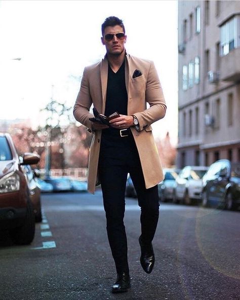 Tan Coat, A Man, Cell Phone, Walking, For Men, Pants, Black, Trousers