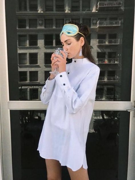 Relive the magic that is Audrey Hepburn as Holly Golightly in Breakfast at Tiffany's in this iconic sleepwear ensemble. This 3-piece set comes complete with the signature tuxedo sleep shirt (handmade in 100% cotton), tiffany-inspired eye cover (handmade with 100% silk), and violet tasseled earrings (handmade with swimmer grade rubber earrings). You will not find another replica that resembles the original assemble as much as this one. Perfect for that glamorous sleepover, costume party, or as a Easy Disney Costumes, Breakfast At Tiffany's Costume, Audrey Hepburn Costume, Chic Costume, Original Halloween Costumes, 1920s Halloween, Costumes For Work, Audrey Hepburn Breakfast At Tiffanys, Easy Halloween Costumes For Women