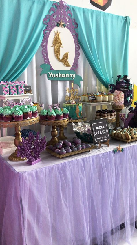 Mermaid candy table Mermaid Candy Table, Birthday Party Candy Table, Party Candy Table, Candy Bar Table, Ariel Birthday Party, Mermaid Theme Birthday Party, Ariel Birthday, Mermaid Theme Birthday, Party Candy