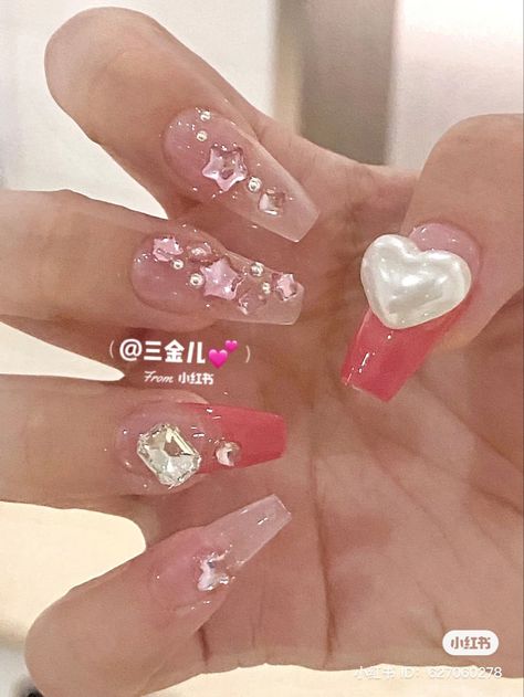 Korean Acrylic Nails, Jelly Acrylic Nails, Asian Acrylic Nails, Douyin Nails, Nails Charms, Asian Nails, Korean Nails, Pretty Gel Nails, Really Cute Nails