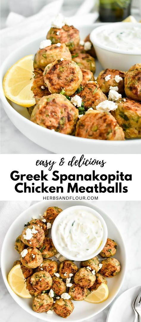 These Greek Spanakopita Chicken Meatballs are inspired by spanakopita, the Greek savory pie packed with spinach and feta! This recipe is simple, healthy and delicious! Chicken Meatballs With Spinach, Chicken Spinach Feta Meatballs, Greek Chicken Patties, Spinach Feta Chicken Meatballs, Spanikopita Chicken, Dinner For Men, Cooking For Husband, Baked Enchiladas, Healthy Eating Family