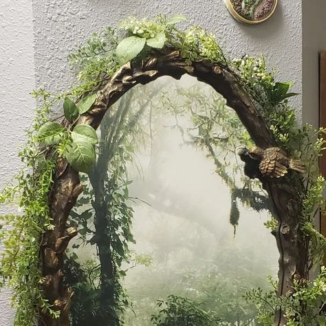 A mirror hanging across from a tapestry- forest portal Fairy Portal Mirror, Dark Forest Bedroom Aesthetic, Cottagecore Decor Diy, Forest Room Aesthetic, Mirror Portal, Forest Bedroom Aesthetic, Enchanted Decor, Forest Portal, Forest Mirror