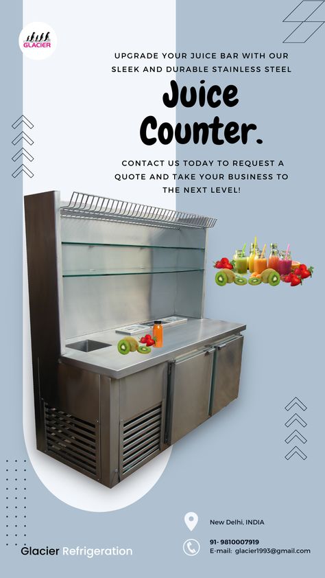 Upgrade your juice bar with our sleek and durable stainless steel juice counters. Contact us today to request a quote and take your business to the next level! ➡️WhatsApp at +91 9810007919 #juiceBar #freshjuiceBar #JuiceBarCounterDesign #ideas #SmoothieBar #FruitShop #FruitJuice #GlacierRefrigeration #Juicewrldaesthetic #juicebardesignideas Juice Counter Design, Juice Bar Ideas, Juice Counter, Bar Booth, Fresh Juice Bar, Juice Bar Interior, Street Food Business, Juice Bar Design, Bar Counter Design